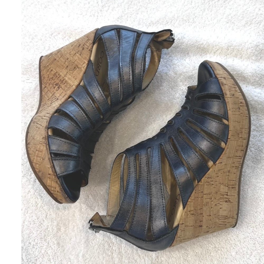 Cordani Womens Metallic Pewter Leather Cork‎ Wedge Caged Sandal Made in Italy 35